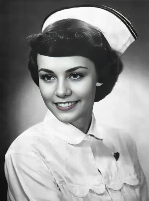 arafed black and white photo of a woman in a enfermeros uniform, enfermero, ann largo, foto 1960, Dolores Abernathy, 1 9 7 5 foto, in his early 20s, enfermero girl, julia colina, catalog photo, Barbara Hammer, smile 1950s, 1 9 5 0 s, 1950s