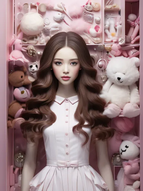 there is a doll in the display case，there are a lot of stuffed animals inside, ball jointed doll, plastic doll, doll phobia, ani...