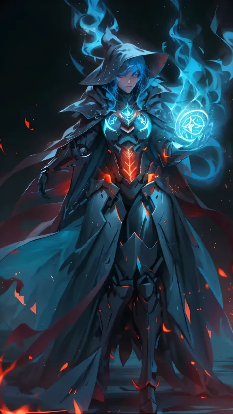 Full body photo, full body, blue ghost mage, wearing blue mechanical armor, surrounded by ghost flames, magical spells, burning red flames in hand, perfect body proportions, tall figure, wearing a veil, glowing blue eyes, cloak, dark background, backlight,...