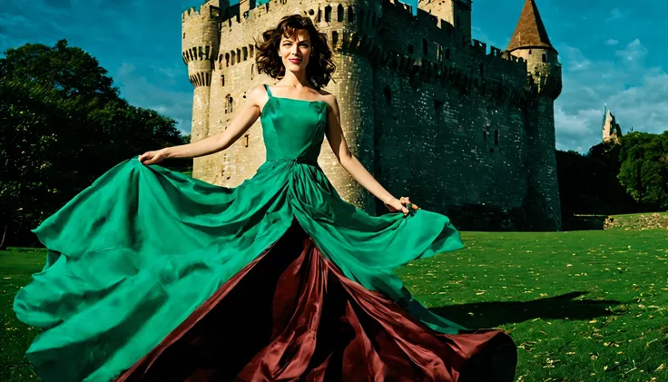 Uma imagem com uma jovens garota  bonita (milha Jovovich), (22 anos), brincando com sabre de luz, com um vestido Verde de baile e o sabre de luz azul. In the background, a landscape with the sky in shades of blue and burgundy, with a castle made of playing...