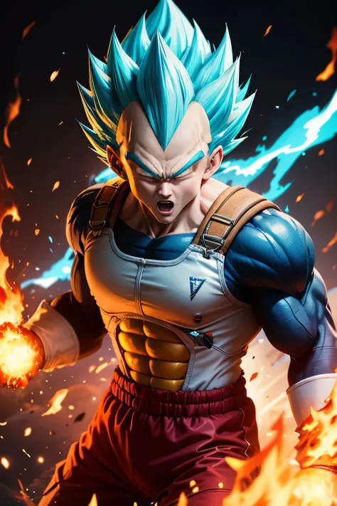 Dragonball Z Vegeta transforms into Super Saiyan Blue in incendiary display of fire enveloping bending to his will, There is blue flame behind,real eyes,fierce eyes,Blue hair,vibrant colored flames flow together in a complementary way. spectacular spontane...