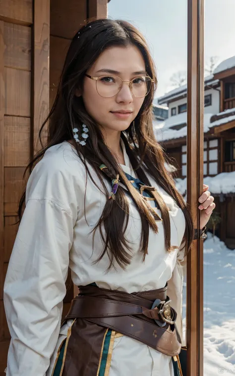 Young ainu woman with the face of (Gal Gadot:Evangeline Lilly), (looking at viewer, light smile, ), brown hair, brown eyes,  long hair, hair_flying, Fluttering hair, flying_hair, ((Transparent glasses, glasses, glasses_on_nose)), ((traditional ainu clothes...