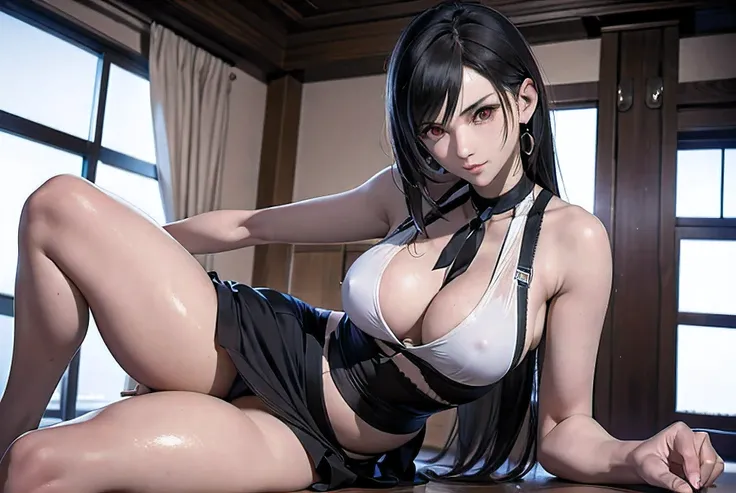 NSFW, white tank top with black trim and black skirt, black long hair, the girl has really red eyes, tifa lockhart, The girl is 16 years old, beautiful skin, realistic anime, anime realism style, Output in 8K, highest quality,Natural light, professional li...