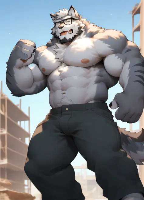 hairy，（（Wolf，shirtless，Mountaineering pants，Black-rimmed glasses）），beard，white fur，male，Common，full-body shot（（极其lifelike阴影，masterpiece，Very detailed，lifelike））， （（Cat）），dynamic poses，Construction site，Show arm muscles