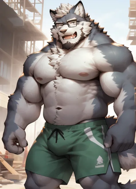 hairy，（（Wolf，shirtless，construction shorts，Black-rimmed glasses，White towel）），beard，white fur，male，Common，full-body shot（（极其lifelike阴影，masterpiece，Very detailed，lifelike））， （（Cat）），dynamic poses，Construction site，Show arm muscles，Wipe away sweat with a tow...