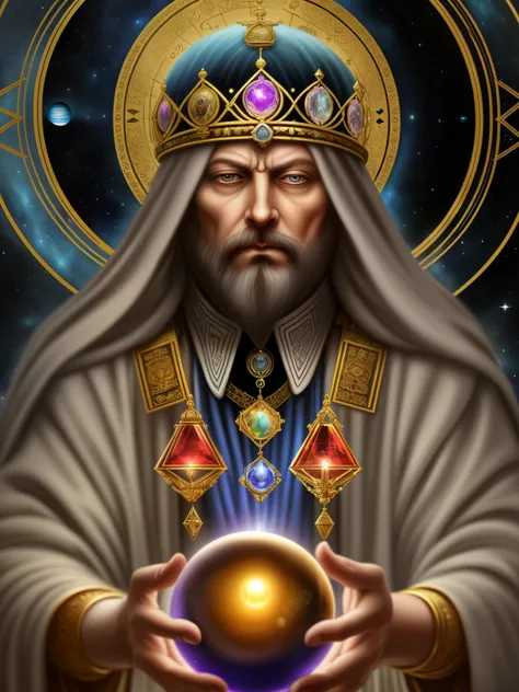 Close-up of a person holding a crystal ball in his hand, portrait of the emperor of mankind, Known Space Emperors, the God Emperor of mankind, Ancient and mysterious Time Lord, wizard pondering his orb, god of time and space, God Emperor, Shamans supportin...