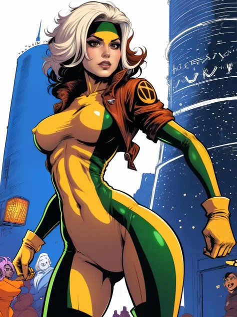 (((COMIC STYLE, CARTOON ART))). ((1 girl)), lonly, A comic-style image of Rogue, with her as the central figure. She is standing. Brown ad white hair. She wears a traditional costume, glossy and red lips. (((Hot body, sexy, sensual, camel toes))), She is s...