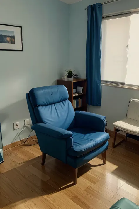 Photo of a comfortable room with a psychologist&#39;s blue chair&#39;consulta de terapia, com o objeto fone de ouvido em algum lugar