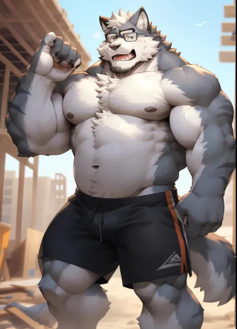 hairy，（（Wolf，Shirtless，construction shorts，Black-rimmed glasses，white towel）），beard，white fur，male，Common，full body picture（（极其lifelike阴影，masterpiece，Very detailed，lifelike））， （（Cat）），dynamic poses，Construction site，Show arm muscles，Wipe your sweat with a ...