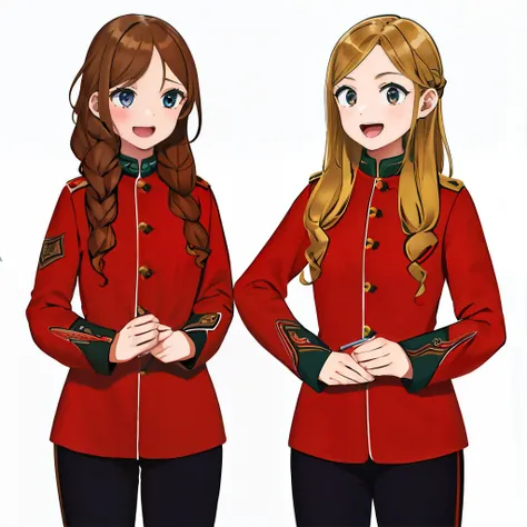 2girls, duo, twins, standing shoulder-to-shoulder, teenage woman, happy, brown hair, blonde hair, long curly hair, matching hairstyles, different hair colors, hair down, hazel eyes, redcoat, white background, best quality, highly detailed