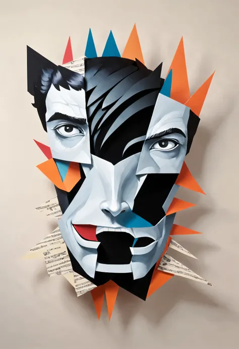 Black and white confetti cartoon character, Half body protrudes from wall,intruder through wall, become half a piece of paper. The intruder is a colorful cartoon confetti man, with fantasy, Science fiction, low polygon, cubismo, paper cutting, Created by C...