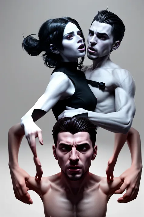 hyper-realistic ultra-surreal stunning minimal couple dancing with a head like insane devices glued to their heads, Super-detailed, Ultra-realistic, Studio Quality, 48k / HD, High Contrast, hyper Realistic Shadows, octane Rendering, Sharp Focus