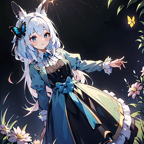 masterpiece, best quality, flowers, garden, 1 girl, butterfly风格, butterfly, blue hair, rabbit ears,