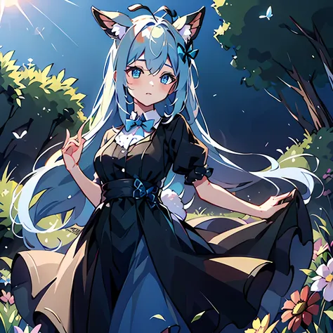 masterpiece, best quality, flowers, garden, 1 girl, butterfly风格, butterfly, blue hair, rabbit ears,