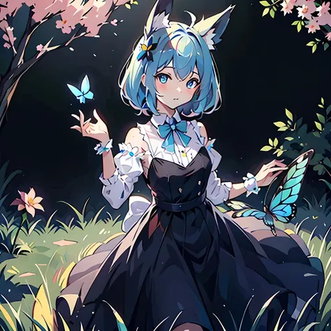 masterpiece, best quality, flowers, garden, 1 girl, Butterfly风格, Butterfly, blue hair, Rabbit ears,