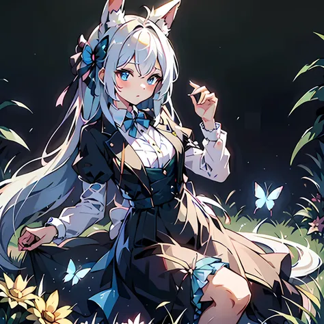 masterpiece, best quality, flowers, garden, 1 girl, butterfly风格, butterfly, blue hair, rabbit ears,