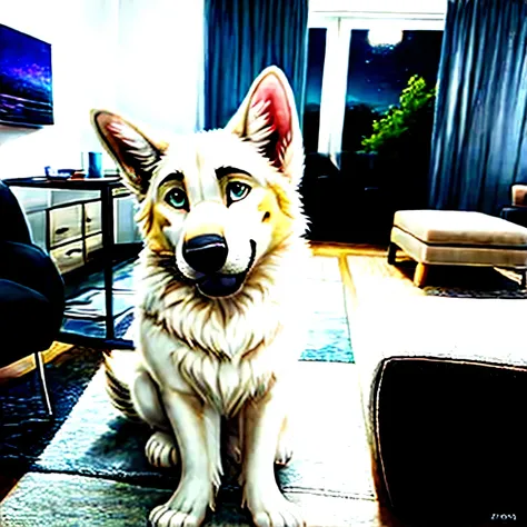 white dog, male Swiss Shepherd, sitting on the floor in the living room, looking straight at the camera, 2 years old, young handsome pale rom, extremely handsome, handsome, having an ear, handsome, taken with a Sony A7R camera, looking straight at the came...