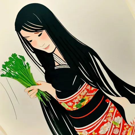 super fine illustration, best quality, woman in traditional Japanese attire holding freshly picked celery at night. Delicate and beautiful with long black hair gracefully flowing, and a finely sculpted face in pure white. Acrylic painting style emphasizing...