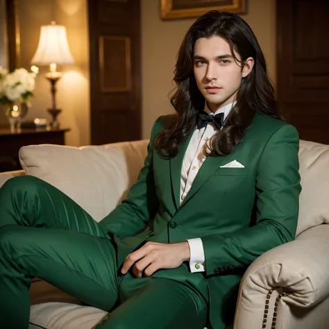 A young man with long curly hair, green eyes and no beard wears a green suit