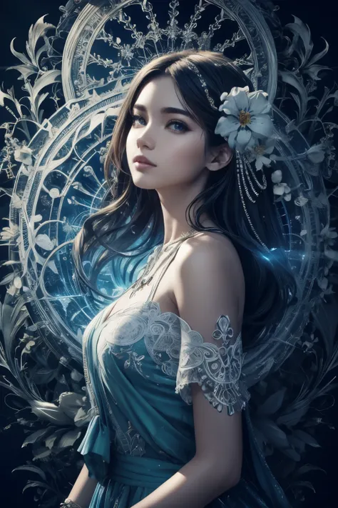 a stunning art, abstract, flowery, predominantly blue, white, upper body, centered, key visual, intricate, highly detailed, brea...