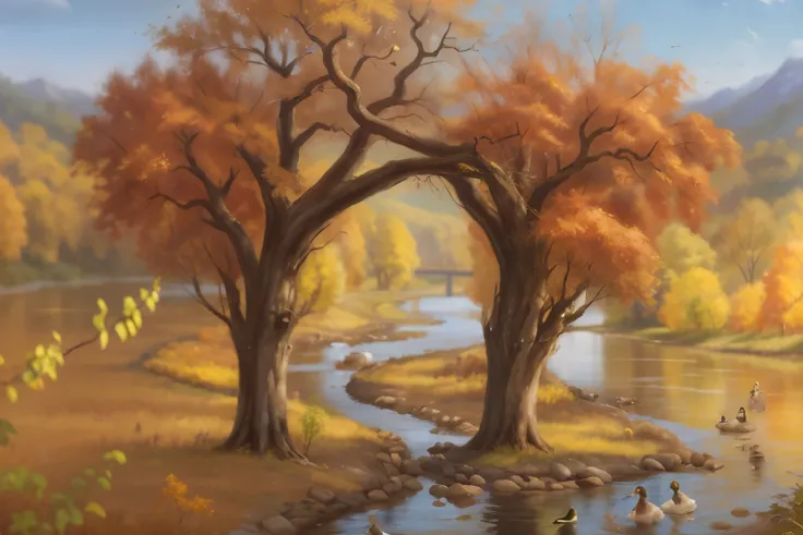 painting of a river with ducks and trees in the background, Яцек Йерка и vladimir kush, inspired vladimir kush, vladimir kush, Hildebrandt, inspired by Terry Redlin, вдохновленный братьями Hildebrandtом, inspired by Jacek Jerka, whimsical fantasy landscape...