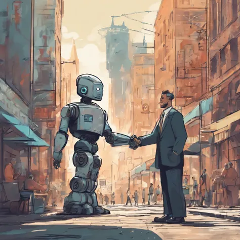 robot shaking hands with a business man on the street