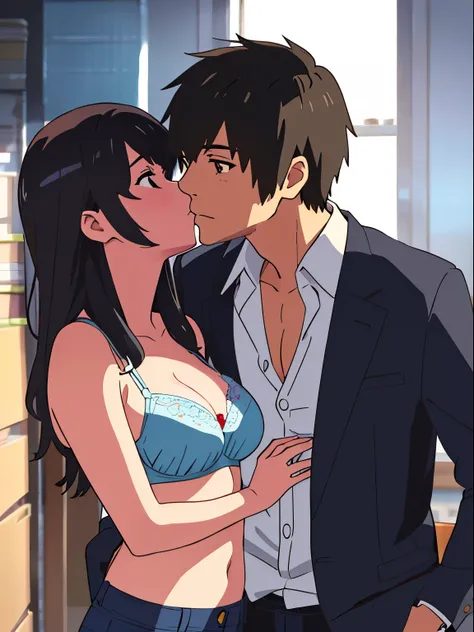 shinkai makoto, kimi no na wa., 1middle age man, wrinkle face, black hair,bangs swept to the right side, office suit, middle aged man caressing girls body, kiss cheeks, passionate hug, boy is hugging from behind, chestgrope from behind, middle aged man is ...