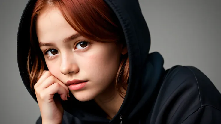 KIDS GIRL redhead in a black hoodie holding her head in her hands, KIDS girl wearing hoodie, in a black hoodie, close up portrait photo, gorgeous young model, in a hoodie, portrait black and white portrait, wearing a black hoodie