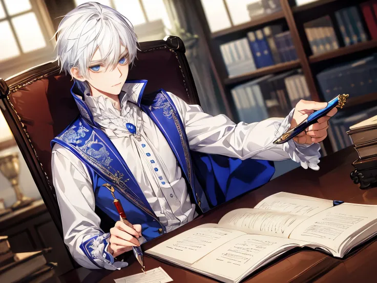 Fantasy, prince, white hair, blue eyes, boy, staring coldly, studying in his office, holding a quill, emotionless