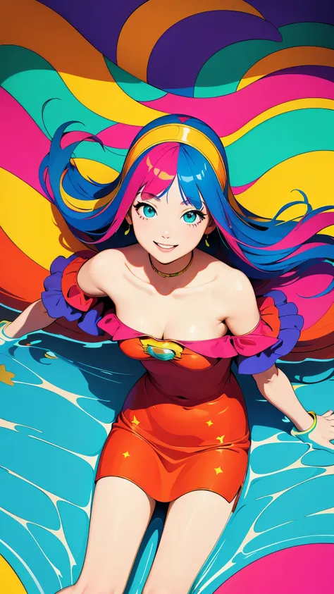 (Super detailed,ultra high resolution,Detailed background),((two-dimensional)),((flat color)),((rich and colorful)),((floating rich and colorful water)),1 girl,alone,looking at the audience,rest，Off the shoulder dress，cleavage，Smile