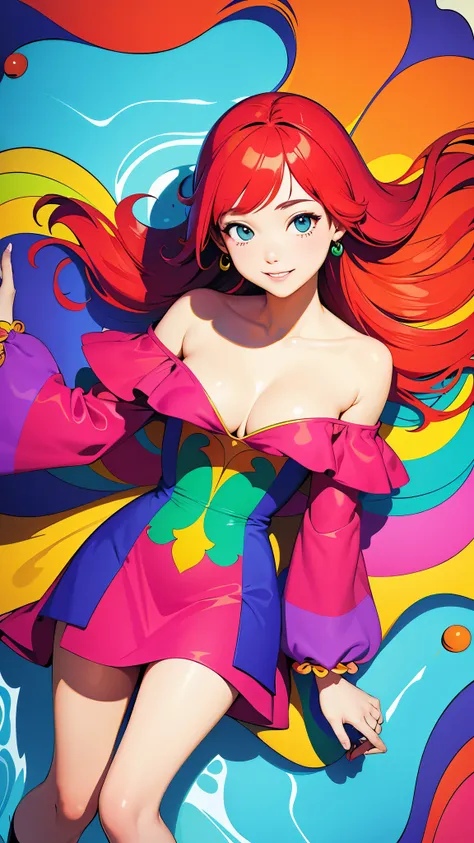 (Super detailed,ultra high resolution,Detailed background),((two-dimensional)),((flat color)),((rich and colorful)),((floating rich and colorful water)),1 girl,alone,looking at the audience,rest，Off the shoulder dress，cleavage，Smile