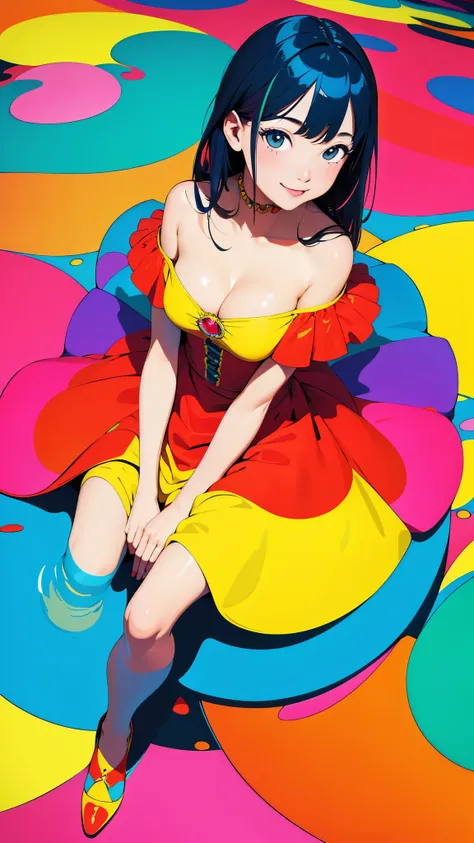 (Super detailed,ultra high resolution,Detailed background),((two-dimensional)),((flat color)),((rich and colorful)),((floating rich and colorful water)),1 girl,alone,looking at the audience,rest，Off the shoulder dress，cleavage，Smile