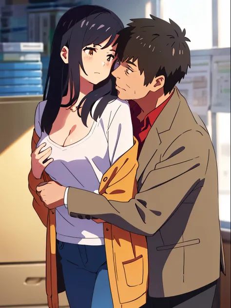 shinkai makoto, kimi no na wa., 1middle age man, wrinkle face, black hair,bangs swept to the right side, office suit, middle aged man caressing girls body, kiss cheeks, passionate hug, boy is hugging from behind, chestgrope from behind, middle aged man is ...