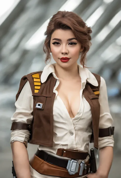 Instagram star Vanilopa, 2 arms and 2 legs, dressed in sexy swimsuit cosplay as han solo from movie Star Wars, she is making her trademark silly faces and acting adorable, show all of her, full body shot, head to toe, highest detail, masterpiece, extreme q...