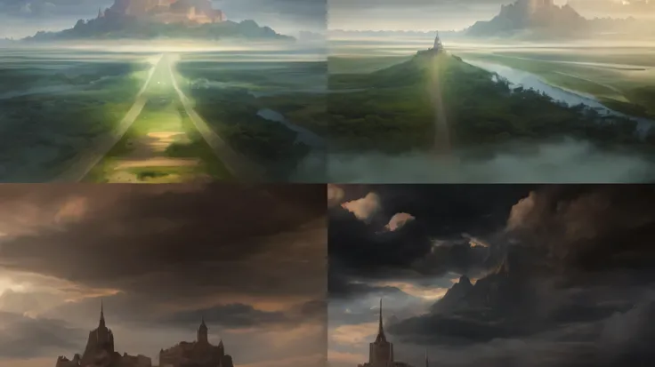 There are 4 photos of the road leading to the castle.。, andreas rocha style, Symmetrical fantasy landscape, Inspired by Andreas Rocha, Inspired by Martin DeChambeau, matte paint」, matte paint」, the style of andreas rocha, symmetric matte paint, Bussiere Ru...