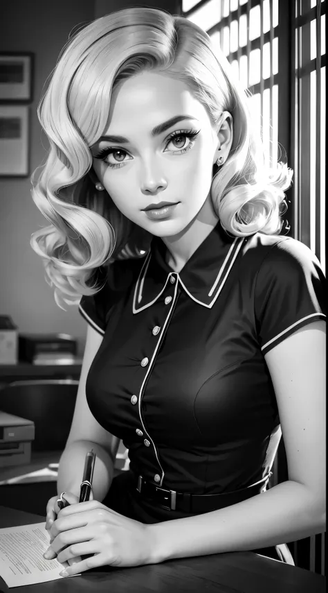 Black and white photo of young RoxieCipher with 1950s blonde hair, wearing a vintage 1950s aline dress, dark office, slatted blinds, femme fatale from a film noir, Robert Siodmak, cinematic lighting, atmospheric, nostalgic, 35mm, depth of field