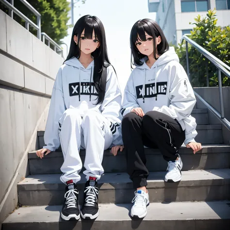 Two beautiful and cute girls, long black hair, white and black hoodie, trousers, sneakers, decent, tall, sit, stairs