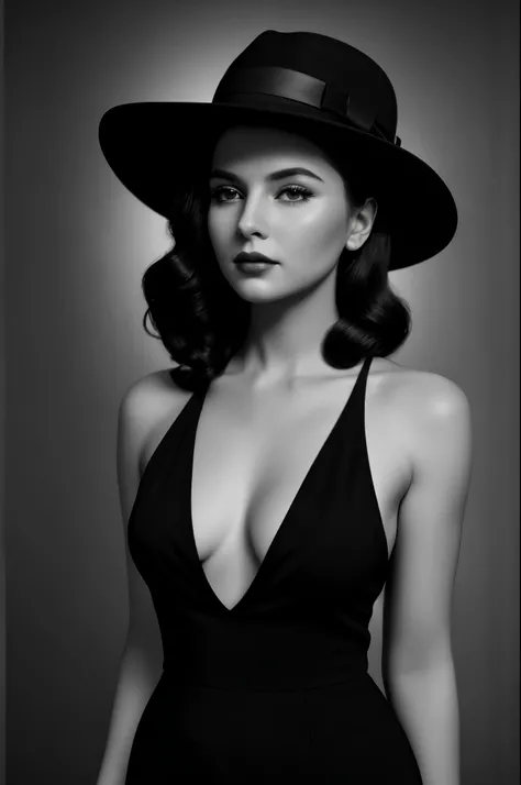 beautiful woman,[film noir], [full-body shot], [black and white photo], [vintage], [fedora hat],[chiaroscuro lighting], [thriller], beautiful perfect face,[detailed],[perfect human anatomy],[professional photography],[posing],[cinematic],[40s],[very old el...