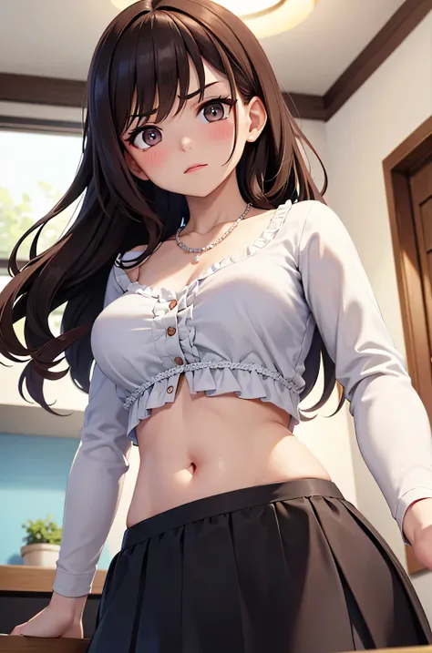 super fine illustration, vibrant colors, masterpiece, sharp focus, best quality, depth of field, cinematic lighting, ultra detailed, collarbone, frilled shirt, long sleeves, MILF, 1 woman, solo, midriff, tummy, belly button, large navel, kitchen, ceiling, ...