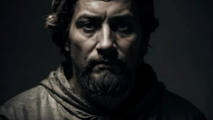 "Visualize a commanding portrayal of the venerable Marcus Aurelius in a scene shrouded in darkness. Employ a monochromatic palette, emphasizing deep shadows and subtle highlights. Capture the stoic essence of this ancient philosopher-king, rendering his co...