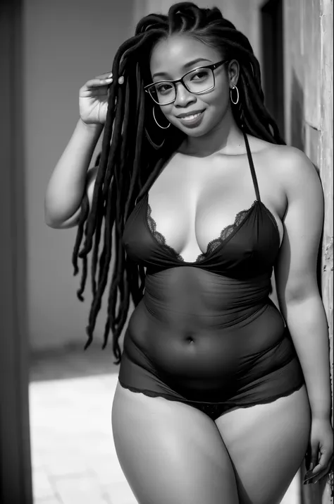 Photo of a ((short Beautiful (chunky) dark-skinned Haitian Woman wearing glasses and sheer tight negligee with a lustful grinning expression, long dreadlocks)), dense cannabis sativa Spring garden during golden hour, Lustful, film grain, Ilford HP5, 80mm, ...