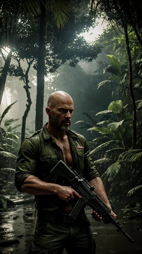 Create a 16K Render of bald Max Payne firing a m4 assault rifle at enemies in Max Payne 3. Set in the jungle in Sao Paolo. Photorealistic, extremely detailed add rain and reflections and blood stains. Make it dramatic and epic. Add wild trees and wildlife ...