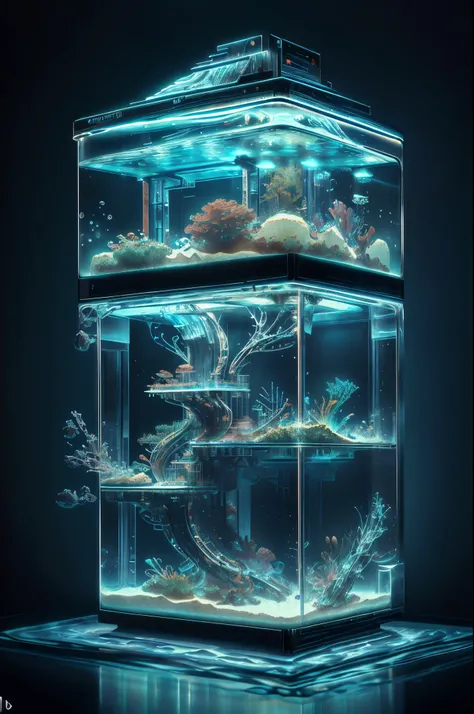 The aquarium of the future, (Except for the aquarium，Nothing)，(No Man), (A complex futuristic aquarium made by a Glass Artist，The edge of the aquarium is engraved，The entire aquarium is made of crystal glass construction，Sci-fi from start to finish，Details...