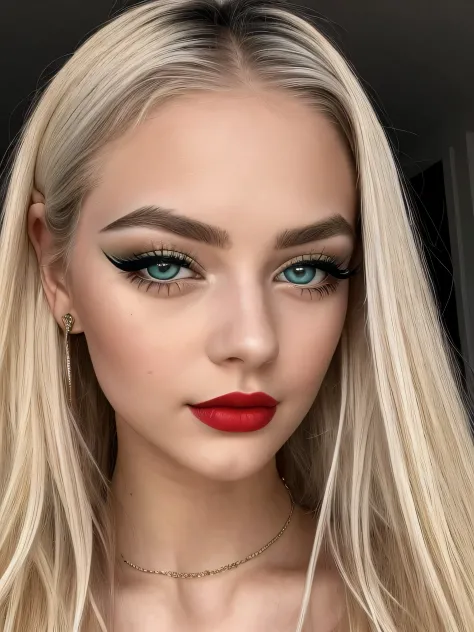 A 20-year-old girl with beautiful green eyes and blond hair, the ends of which gradually fade to pale blue, white skin and beautiful with black eyebrows and shiny red lipstick, long and beautiful curled black eyelashes, and beautiful black eyeliner who loo...