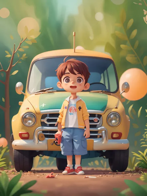 Car，A preschool boy stands on the side, Stand on the side of the car, (masterpiece: 1.2) (actual: 1.2) (Bokeh) (best quality) (delicate skin: 1.3) (intricate details) (8k) (delicate eyes) (sharp focus), (happy)