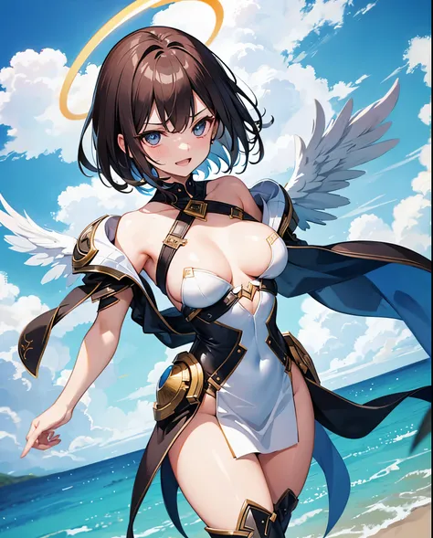 fantasy, 1angel_girl,, ,brown_hair, medium_bob_hair, long_bangs, halo,bare_shoulder,thighhighs,silver_armor, waist_armor, large_breasts,angry,grinning,open_mouth_teeth, 1pair_wings, dynamic_pose_fighting,floating, bare_crotch, headgear,gauntlet, greaves,oc...