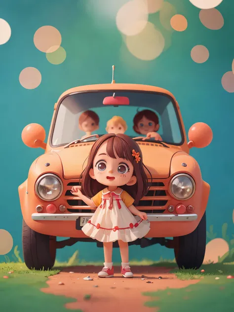 Car，A girl from preschool is standing on the side, Stand on the side of the car, (masterpiece: 1.2) (actual: 1.2) (Bokeh) (best quality) (delicate skin: 1.3) (intricate details) (8k) (delicate eyes) (sharp focus), (happy)