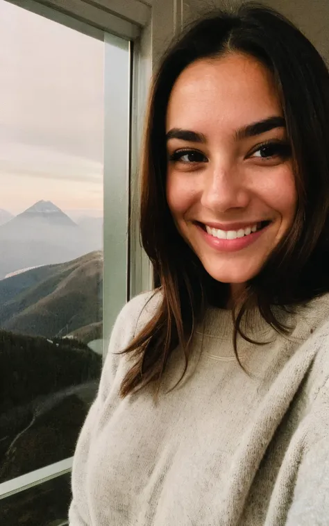 photograph, photo of beautiful woman, selfie, upper body, solo, wearing pullover, indoors, (night), mountains, real-life nature,  cheerful, happy, gloves, sweater,  looking at viewer, skin texture, photo grain, close up, RAW photo