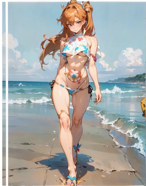 anime girl in bikini walking on the beach near the ocean, realistic bikini, painted in anime painter studio, Krenz Cushart e Artgerm, artgerm extremamente detalhado, Direction: Yoshihiko Wada, asuka como modelo surfista, made with anime painter studio, lin...