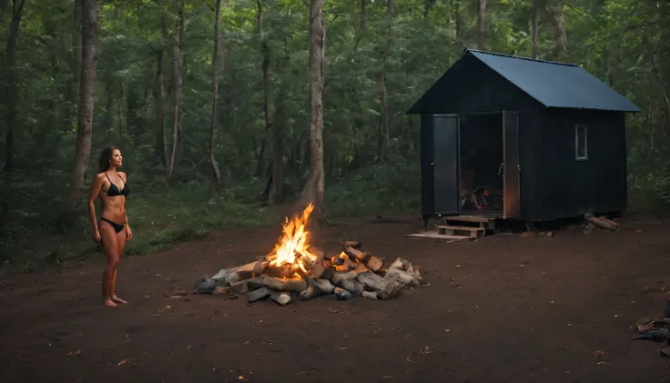 A woman in a black bikini, in the middle of the forest, is standing facing a campfire, next to her is a steel zinc hut